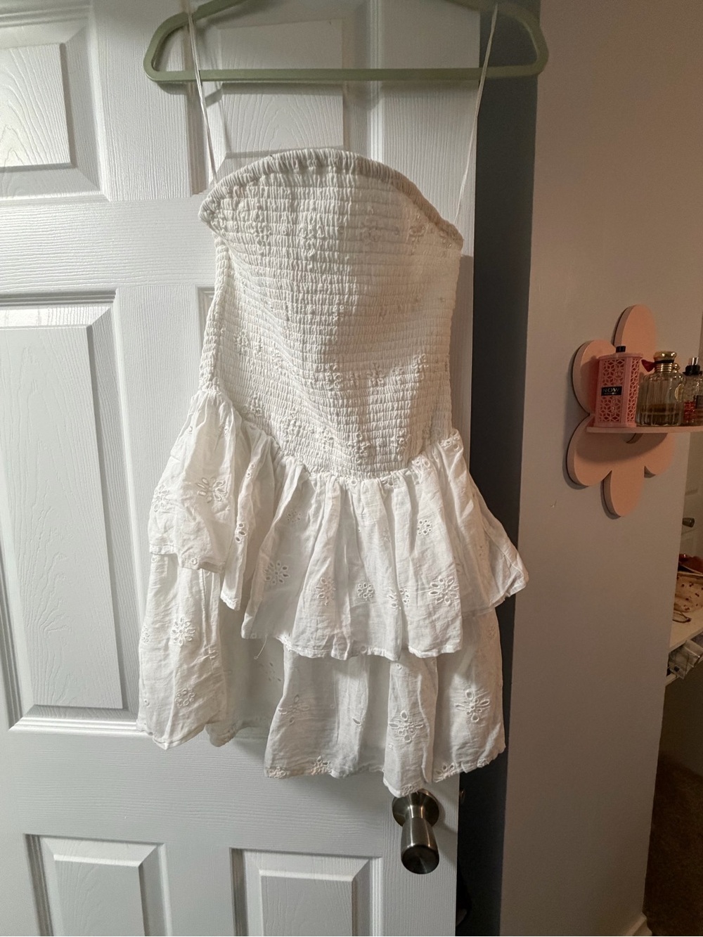 White Strapless Smocked Ruffle Mini Dress
